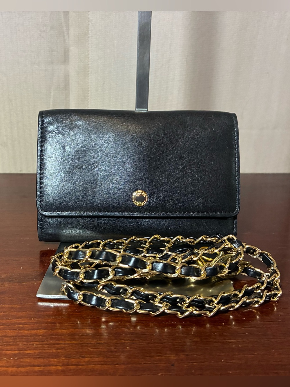 Coach Black Leather Wallet Crossbody with Gold Chain